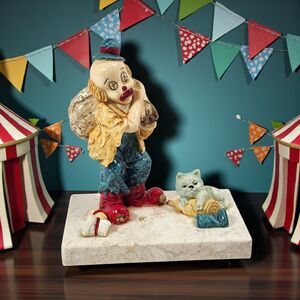 Vintage Hobo Clown Figurine w/ Cat on Marble Base Resin Desk Decor Circus Art